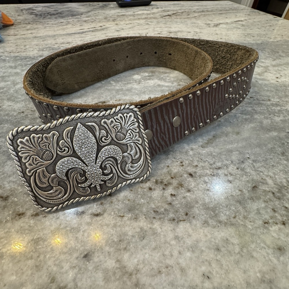 Vintage Enmom Leather Belt Women 36" XL Studded Buckle Fleur De Lis Western 2005